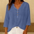 thumbnail image 6 of Womens Casual V Neck Blouse 3/4 Sleeves Summer Tops Loose Fit Linen Shirts Beach Vacation Clothes by Gbobgt Dark blue L, 6 of 6
