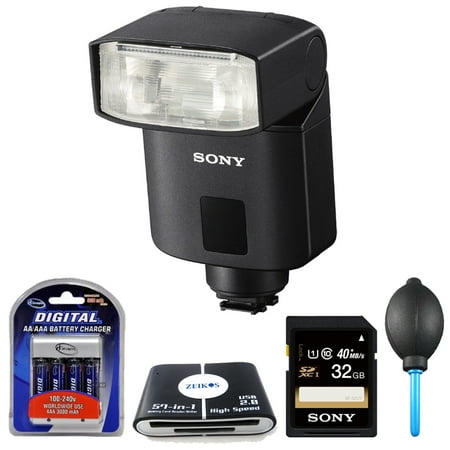 Sony HVL-F32M MI (Multi-interface shoe) Compact Flash Accessory Bundle Includes: HVL-F32M Multi-interface Shoe Premium Compact Digital Camera Flash, 32GB SDHC Memory Card, Lens Blower, AA Charger (10