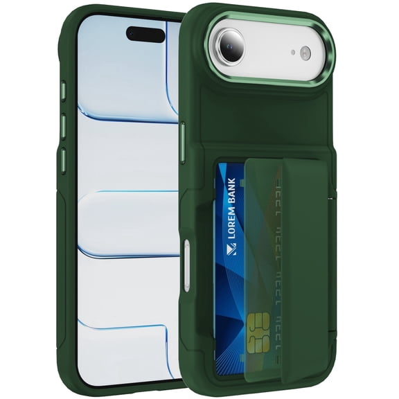 Kryonix For iPhone 17 Air 6.5" Case Wallet With Card Holder (2 Cards) Metal Kickstand RFID Blocking Shockproof Rugged,Green