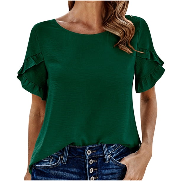 Top de cuello redondo de manga corta con encaje de color liso para primavera y verano para mujer OAVQHLG3B Store lin121212