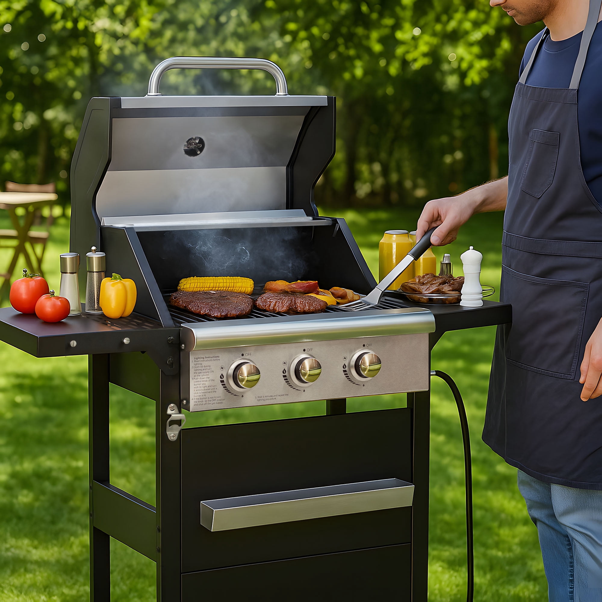 YIORTWO 3 Burner Propane Gas Grill with Cover, 27,000 BTU Outdoor BBQ with Stainless Steel Lid & Storage Cabinet, Portable for Patio & Camping