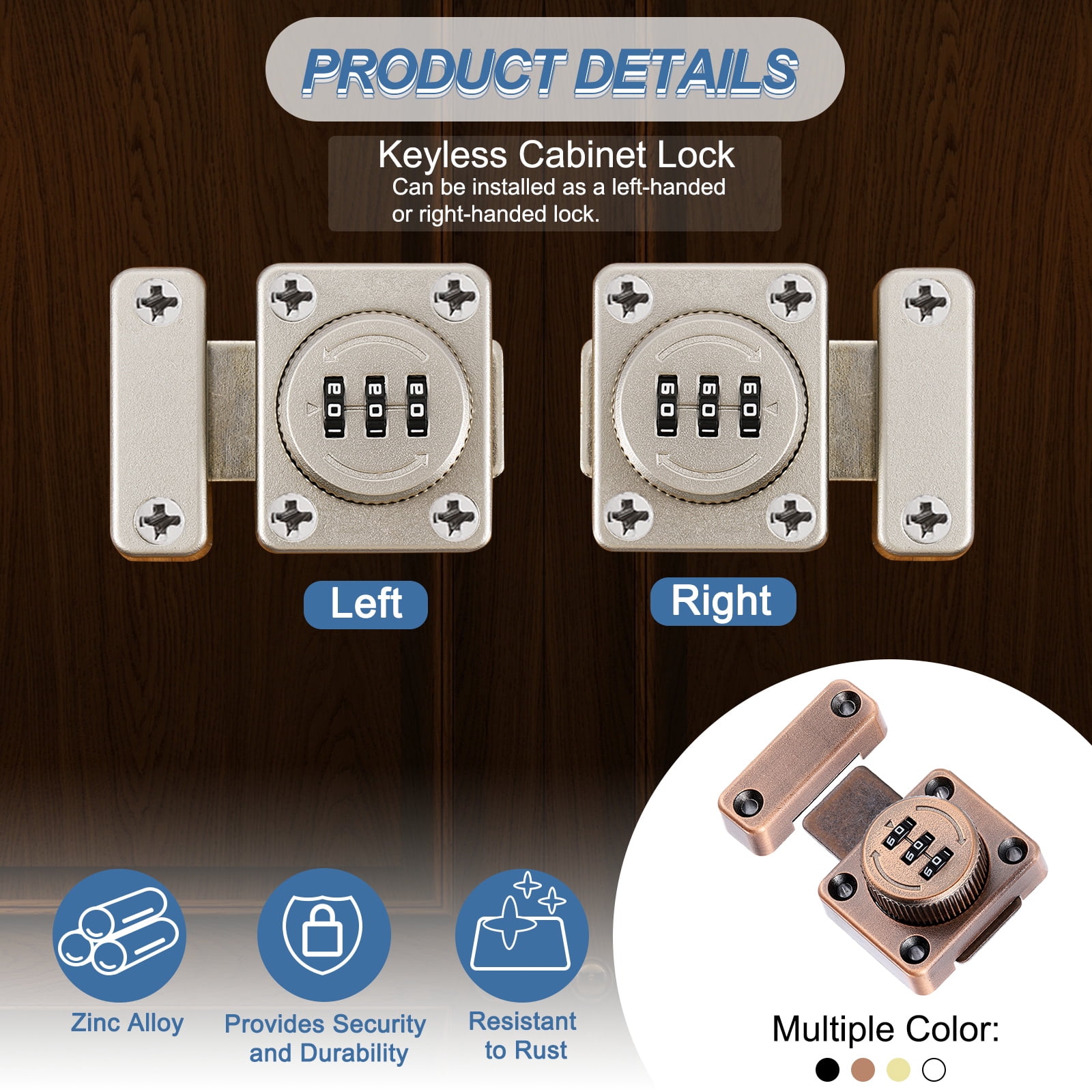 Uxcell Combination Cabinet Latch, 3-Digit Password Cabinet Lock Zinc Alloy Heavy Duty Keyless Safety Door Lock for One-Way Drawer Cupboard, Copper