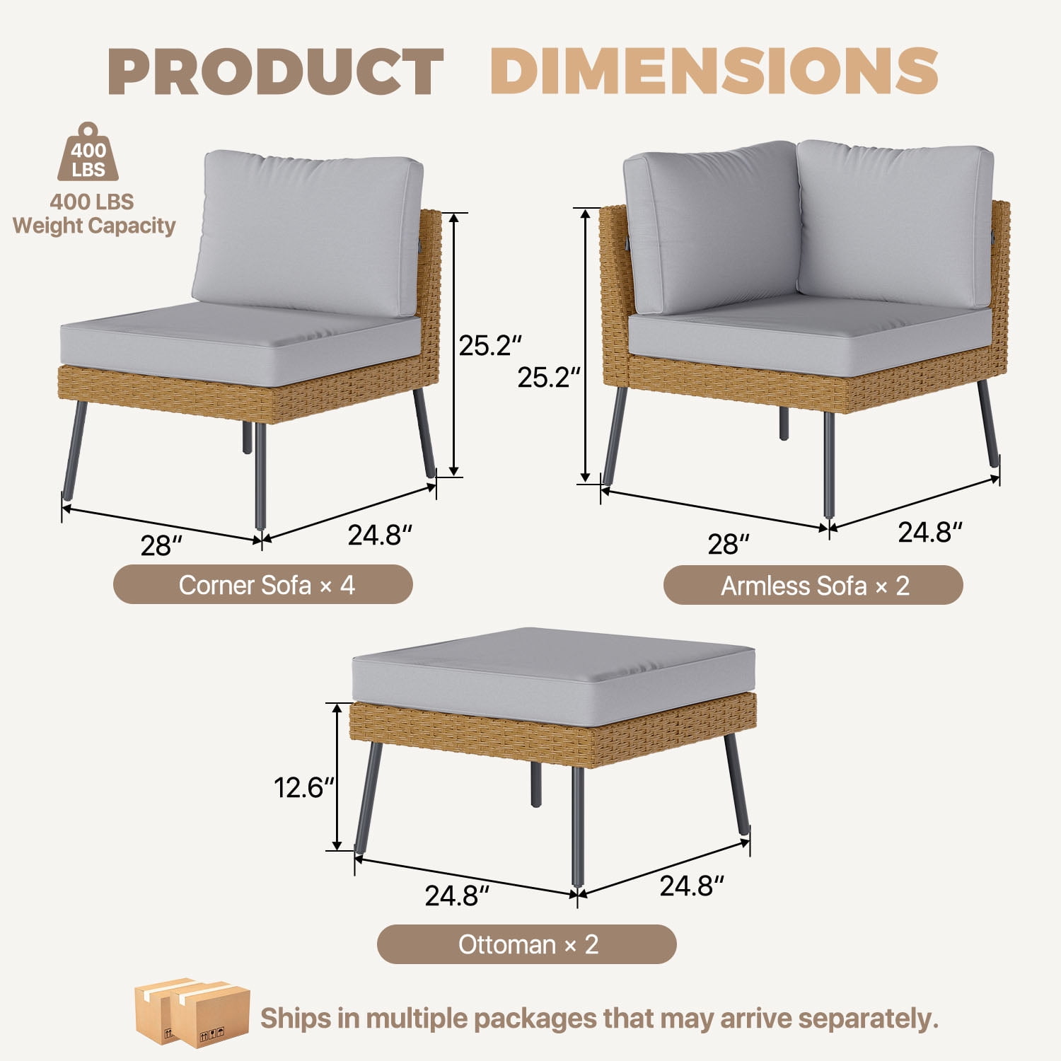 BaPiPro 8-Piece Modular Outdoor PE Rattan Sectional Sofa Set, All Weather Patio Furniture with Removable 4" High Density Cushions & 2 Multifunctional Ottomans for Backyard Garden Courtyard, Gray