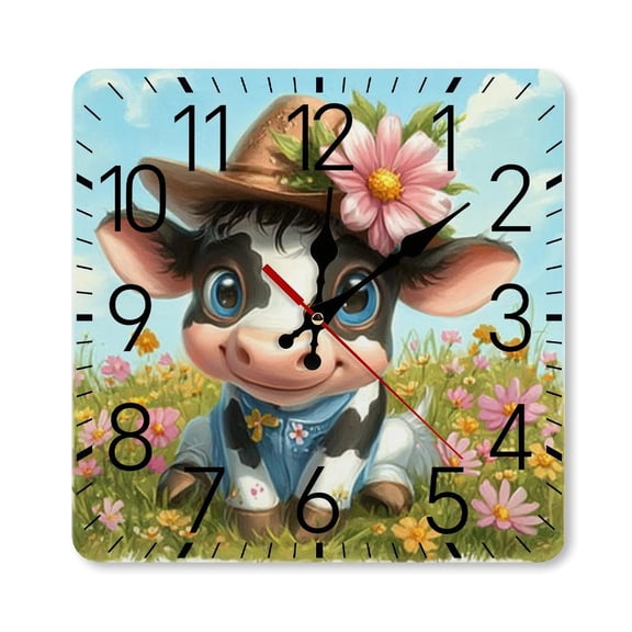 RKSupls 10×10inch Square Silent Wall Clock Wooden Frame, Cute Cow Flower Field Scale Decorative Clock for Home Bedroom Living Room Office