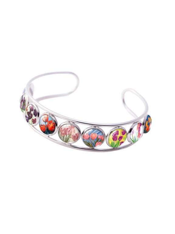 Red Silvertone Multi Colored Tulip Button Cuff