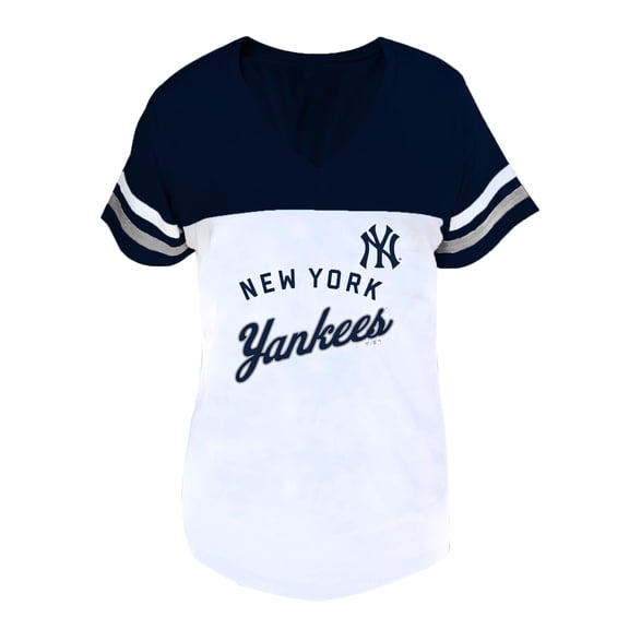Women's Profile White/Navy New York Yankees Plus Size Two-Stripe V-Neck T-Shirt