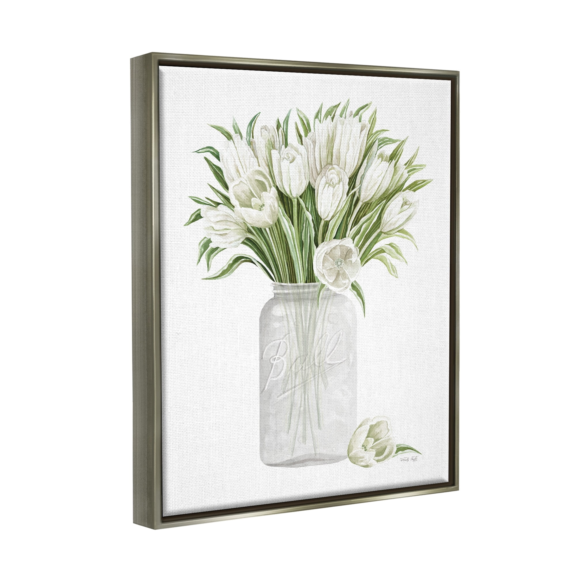 Stupell Industries White Tulips Rustic Country Jar Falling Blooms Painting Luster Gray Floating Framed Canvas Print Wall Art, Design by Cindy Jacobs