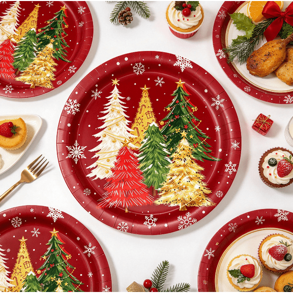7-Inch Red Christmas Tree Paper Plates, Xmas Holiday Party Tableware, Festive Table Decorations Disposable Dessert Plates