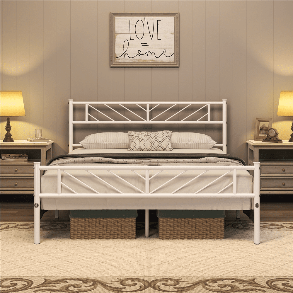Renwick Justice Metal Platform Full Bed with Arrow Design, White, Adult