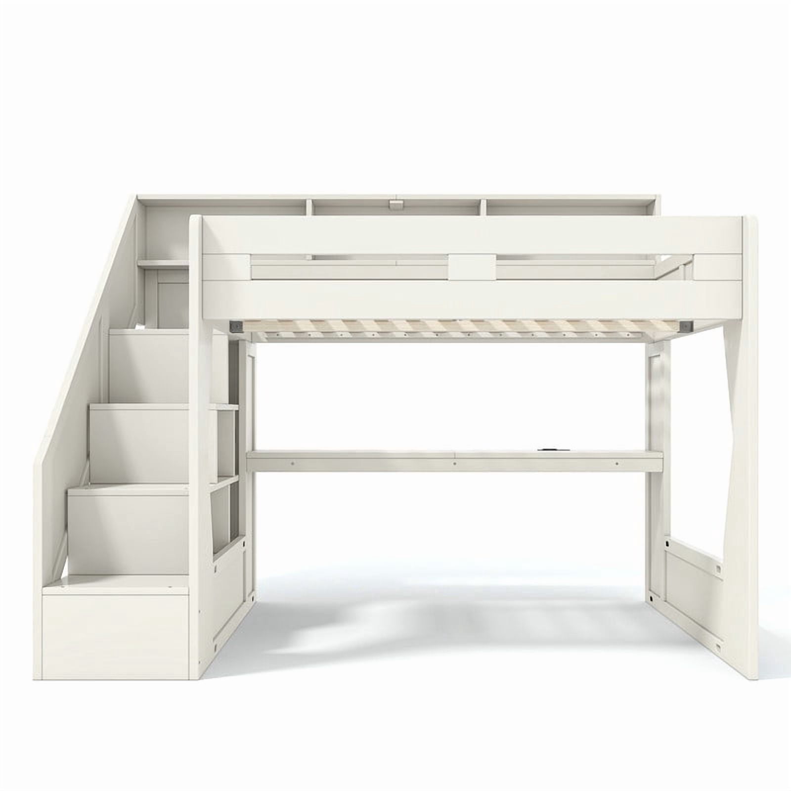 Full Size Teens Gaming Bed Frame with Storage Stair & Open Headboard Shelves, Wood Loft Bed with LED Light & Power Outlet Desk