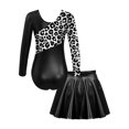 thumbnail image 2 of Doomiva Kids Girls Printed Patchwork Long Sleeve Gymnastics Ballet Dance Leotard Bodysuit with Pleated Skorts Skirt Set Black 10, 2 of 7