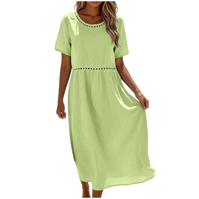 2DXuixsh Robe Maxi d'Été Ample et Fluide pour Femme, Ajourée, Col Rond, Couleur Unie, Manches Courtes, Vacances, avec Poches