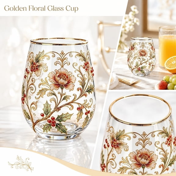 Stemless Glass Printed Floral Clear Glass Cups, Gold Rim Decorated Drinkware for Cold Drinks, Cocktails and Daily Home Use, 1 Pack