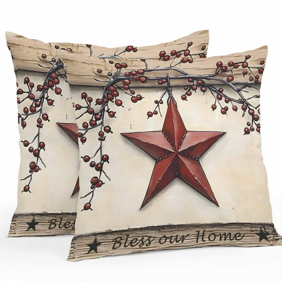 Farmhouse American Outdoor Pillow Covers Pack of 2 Country Star Berries Vintage Wood Grain Waterproof Throw Pillow Covers Decorative Cushion Cases for Patio Garden Tent Balcony Couch 20x20 inch