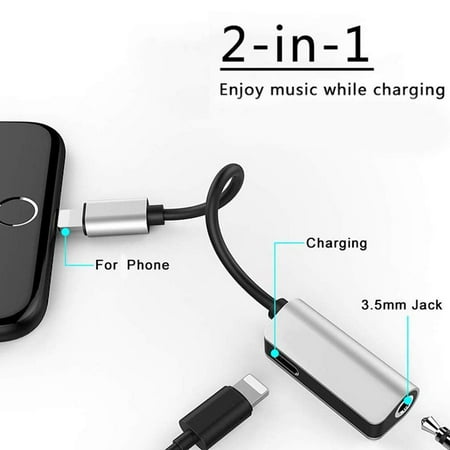 Silver Union Jack (2 in 1 Lightning Splitter Adapter, Double Lightning to 3.5mm iPhone Headphone AUX Audio Jack Adapter, Dual Ports Music & Charging Connector Cable Compatible w/ iPhoneXS Max/XS/XR/X/7/8/7 Plus/8)