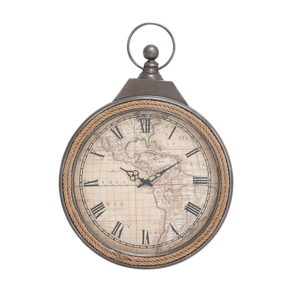 DecMode 21" Gray Metal Finial Pocket Watch Style Wall Clock with Rope Accent