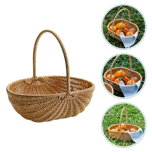 LEORX Handwoven Picnic Basket Khaki Plastic Rattan for Storage and Travel