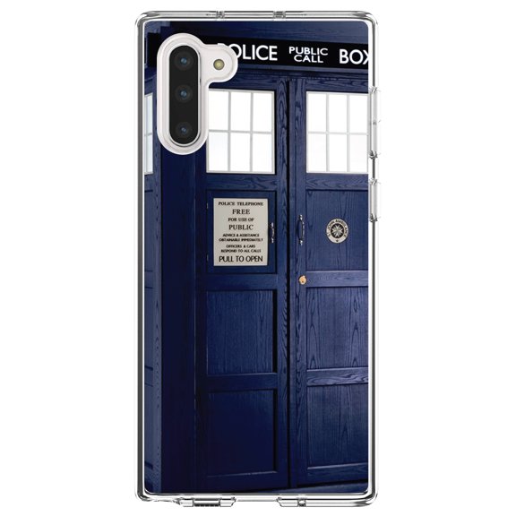 DistinctInk Clear Shockproof Hybrid Case for Samsung Galaxy Note 10 (6.3" Screen) - TPU Bumper, Acrylic Back, Tempered Glass Screen Protector - TARDIS Police Call Box
