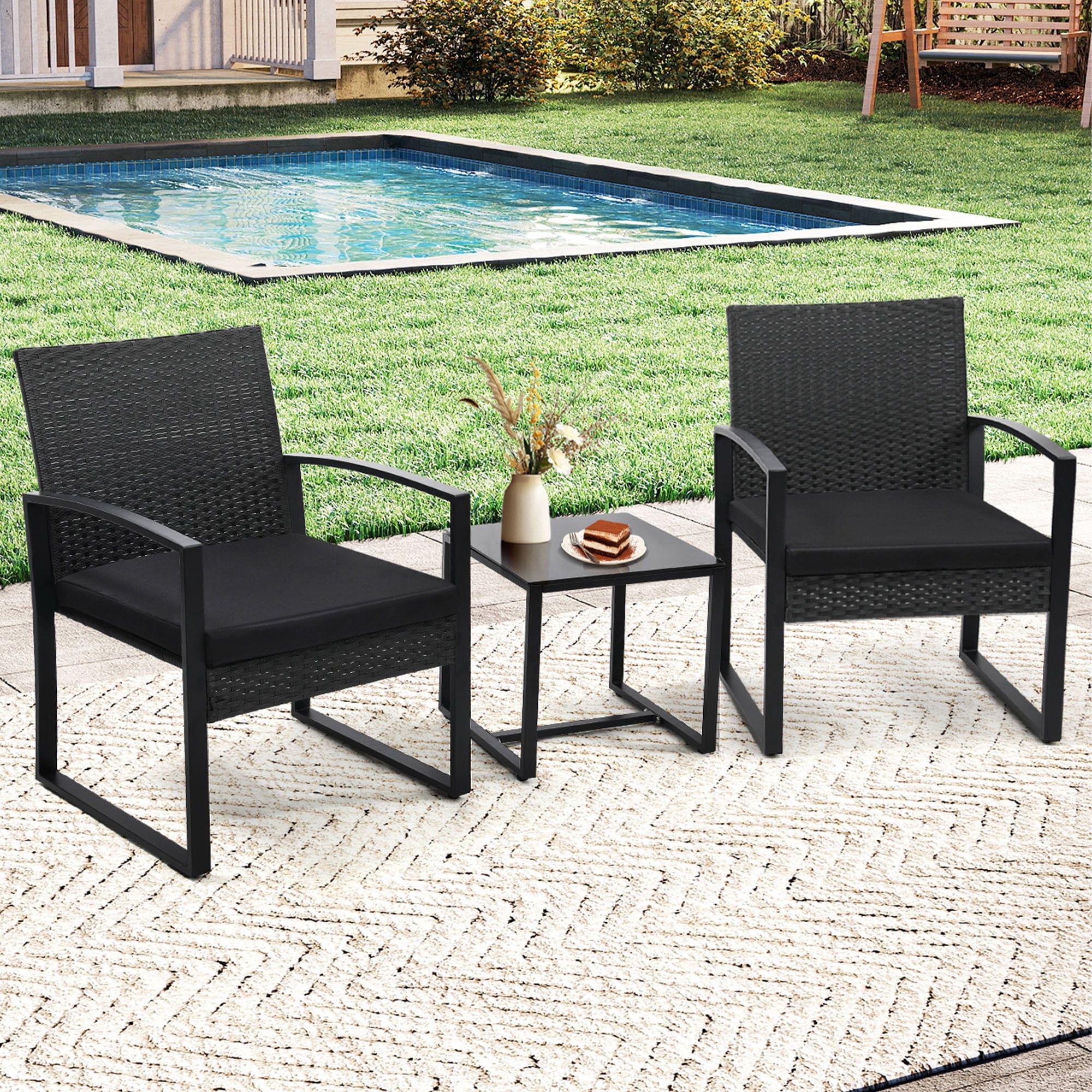 TUAREX 3-Piece Rattan Patio Furniture Set, All-Weather Wicker Bistro Set with Coffee Table and Cushioned Chairs for Garden, Yard, Balcony, Black