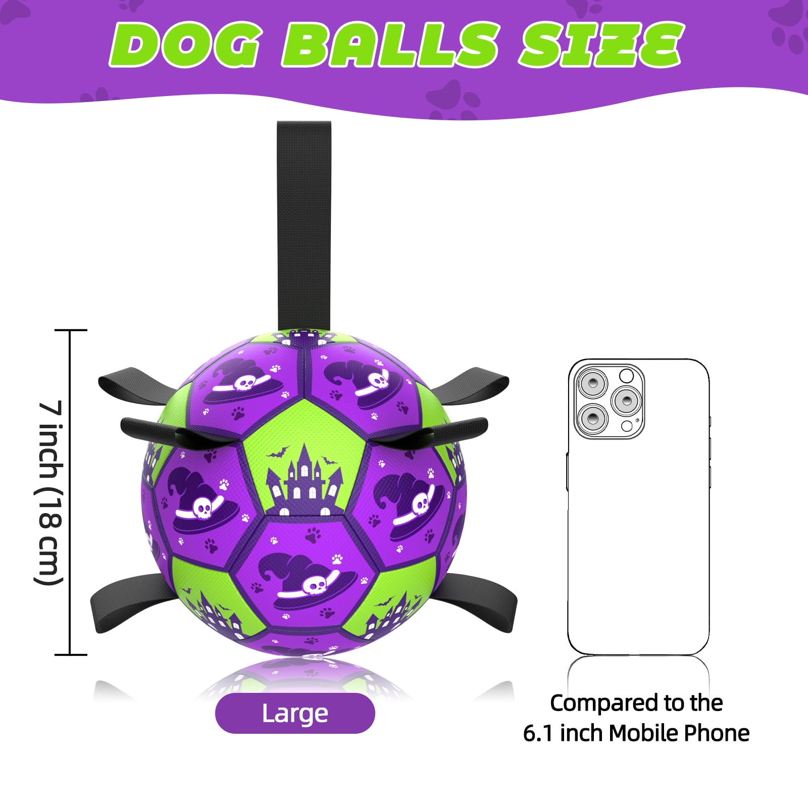 QDAN Halloween Dog Toys Ball, Soccer Ball with Straps for Dog Birthday Gift, Tug of War Interactive Dog Toys, Puppy Toys for Small Medium large Size Dogs, Purple & Green, 7inch
