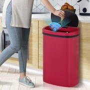 13 Gallon Plastic Garbage Can Kitchen Trash Can Automatic Touch Free Trash can with Lid 50 Liter Waste Bin Mute Anti-Fingerprint for Bedroom Home Office Living Room, Red