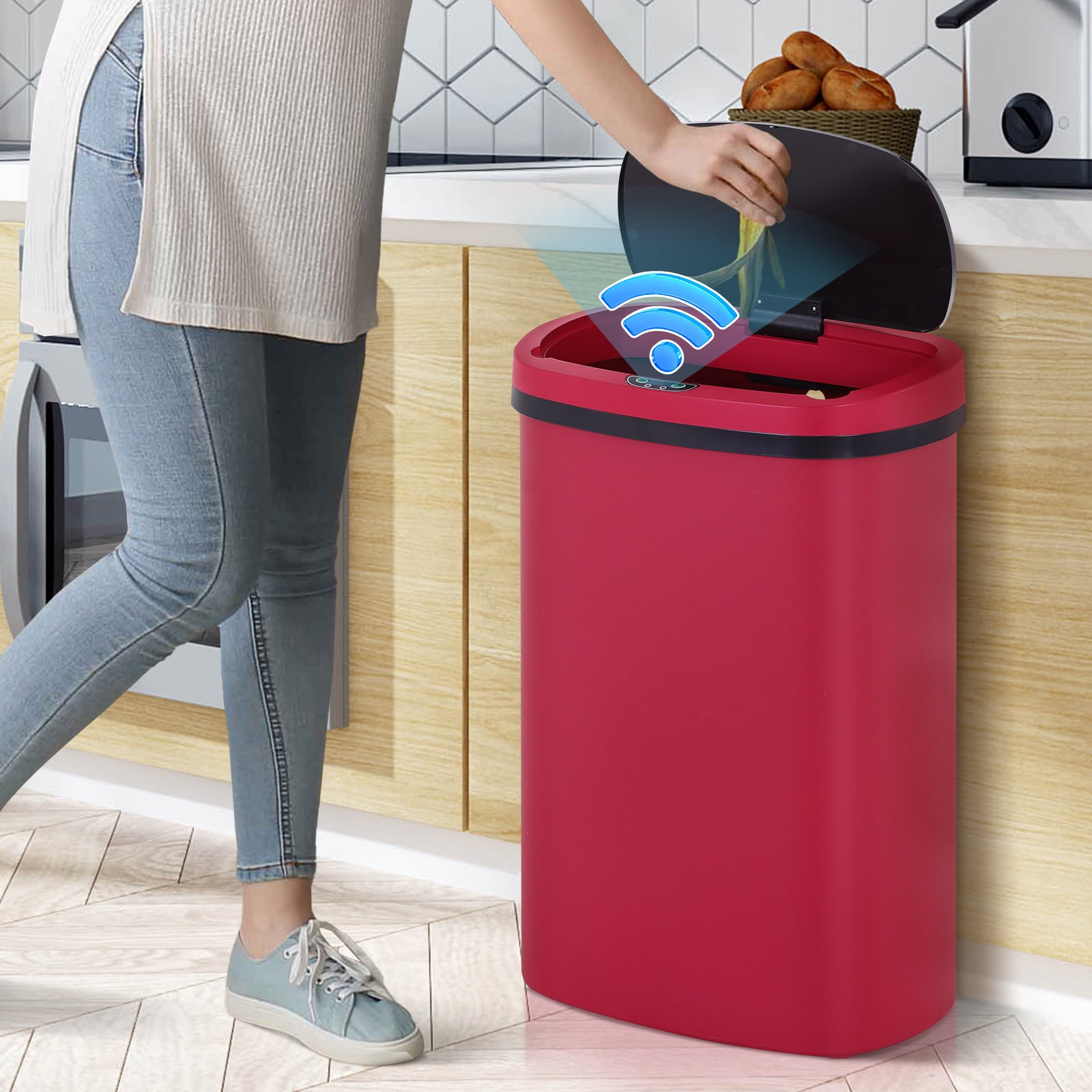 13 Gallon Plastic Garbage Can Kitchen Trash Can Automatic Touch Free Trash can with Lid 50 Liter Waste Bin Mute Anti-Fingerprint for Bedroom Home Office Living Room, Red