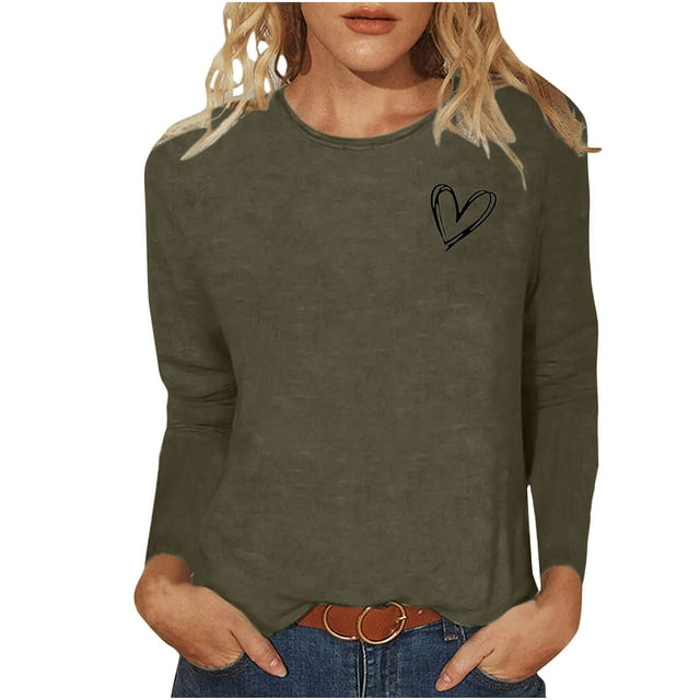 Besolor T-Shirts de la Saint-Valentin pour Femmes Imprimé Cœur Col Rond Manches Longues Tunique Décontractée Blouse Tee