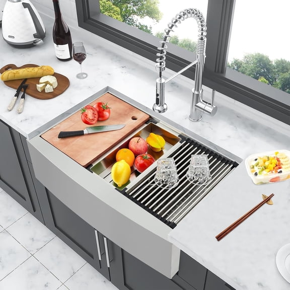 Studyset 30-Inch Apron Front Farmhouse Sink, Workstation Single Bowl Kitchen Sink, 16 Gauge Stainless Steel Farmhouse Tank Wash Dish Groove, Kitchen Farm Basin with Complete Accessories