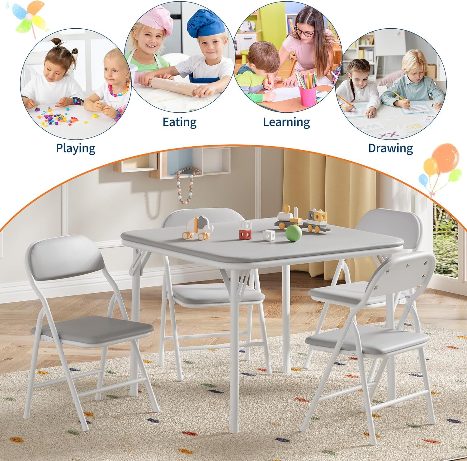 3 Piece Folding Kids Table and Chairs Set, Children Activity Table and Chairs Set for Dining Room,Daycare,Classrooms