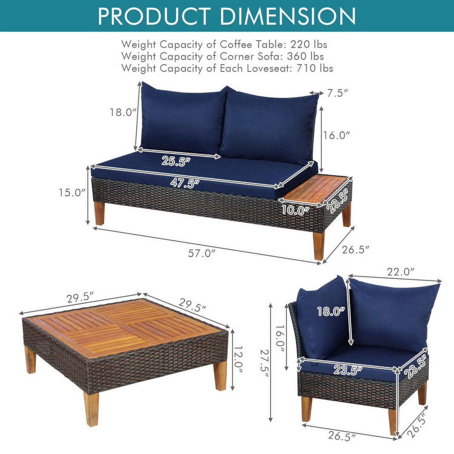 Aimee Lii 4 Pieces Patio Cushioned Rattan Furniture Set with Wooden Side Table, Outdoor Patio Set, Navy