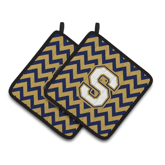 Letter S Chevron Navy Blue and Gold Pair of Pot Holders
