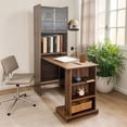 thumbnail image 6 of Folding Desk with Storage, Fold Out Desk Space-Saving Workstation, Wall Mounted & Foldable Design for Home Office, Bedroom, Dorm, Includes Shelves, Pegboard & Sliding Glass Doors, Walnut, 6 of 9