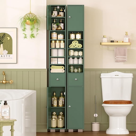 Bathroom Cabinet, Narrow Bathroom Storage Cabinet with 5 Adjustable Shelves & Drawer, Freestanding Cupboard for Small Spaces, Green