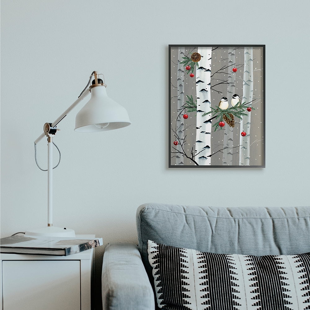 Stupell Industries Birds and Holiday Ornaments Birch Tree Forest Black Framed by Grace Popp