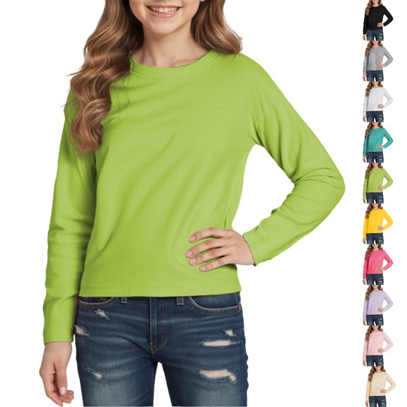 Bmisegm Girls Tops Children Kids Fall Winter Long Sleeve Crewneck Solid Basic Tee for Boys and Girls 1-7 Years Boys T Shirts Light Green 4-5 Years
