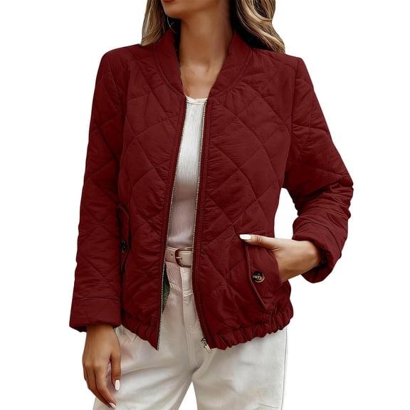 Women's Diamond Quilted Crop Jackets Lightweight Casual Bomber Jacket Warm Winter Zip Up Short Coats with Pockets