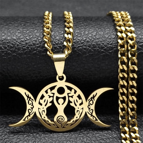 Witch Triple Moon Goddess Luna Necklace for Women Men 14K White Gold Amulet Hecate Chain Jewelry collier