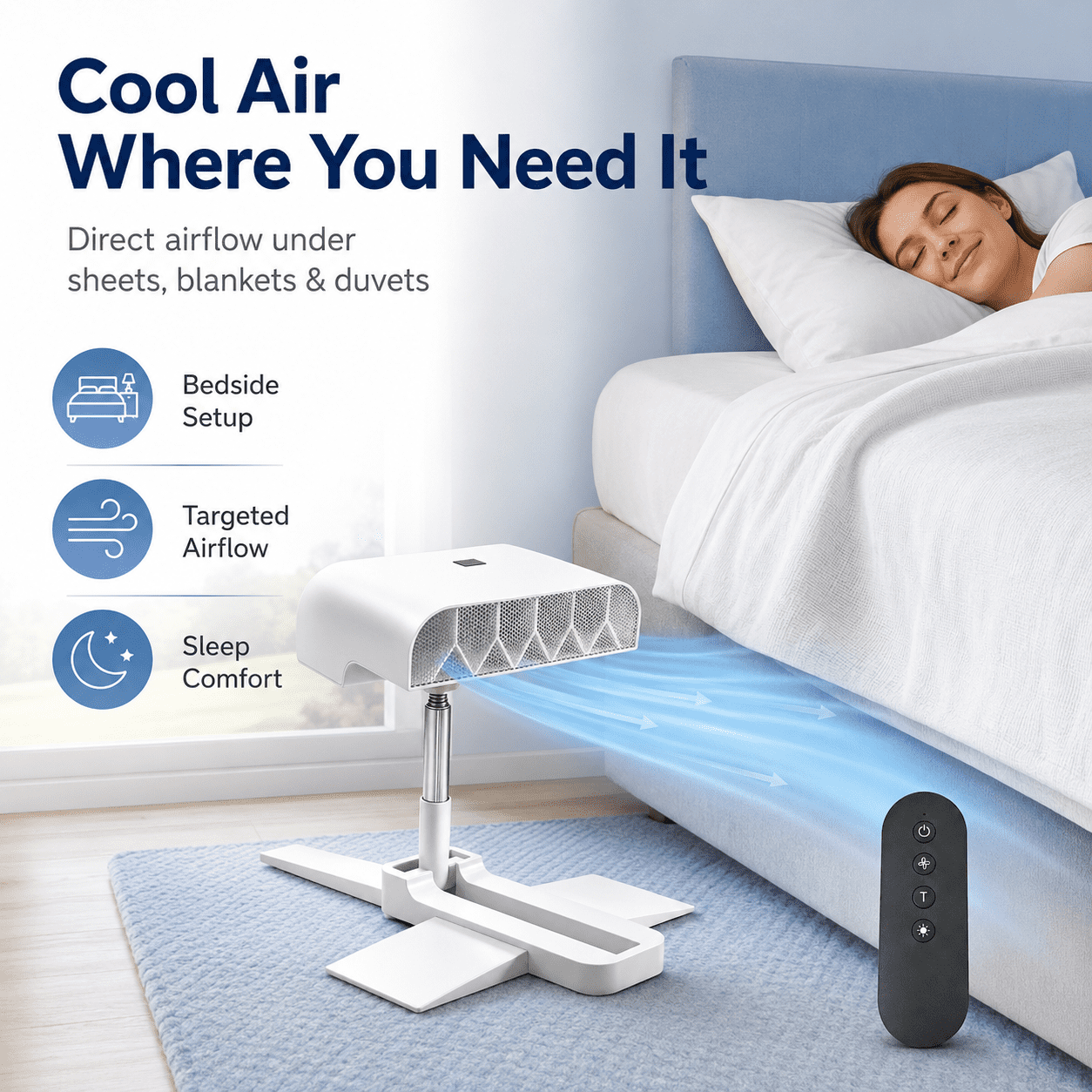 Breezel for Hot Sleepers, Bed Cooling Fan, Cordless Under Blanket Air Fan with Remote Control, 5-Speed Rechargeable Bedside Cooling Fan, Adjustable Height Stand, Type-C Charging, Quiet Airflow