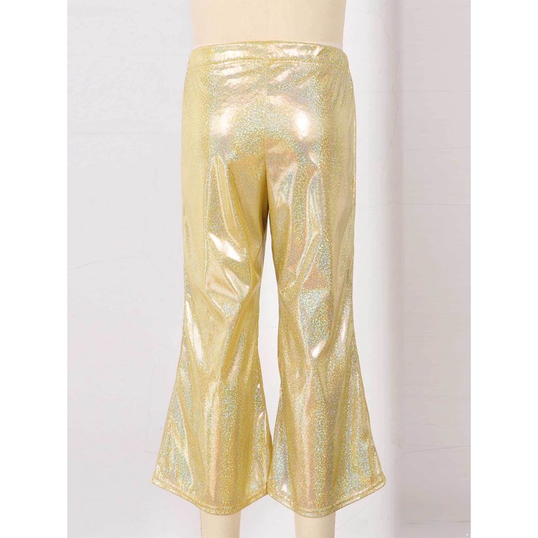 YONGHS Kids Girls Shiny Flare Pants Hip Hop Jazz Dance Bell Bottom Trousers  A Gold 2-3