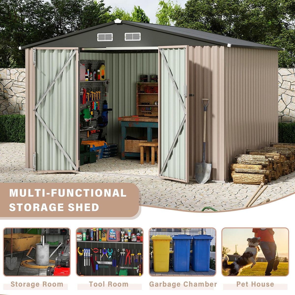 8x10 FT Metal Storage Sheds Outdoor,Metal ToolShed with Lockable Door,Metals Yard Sheds MetalGarden Shed Kit,Metals Utility Sheds Buildings with Air Vent for Backyard Garden Patio Lawn,ship in 2 boxes