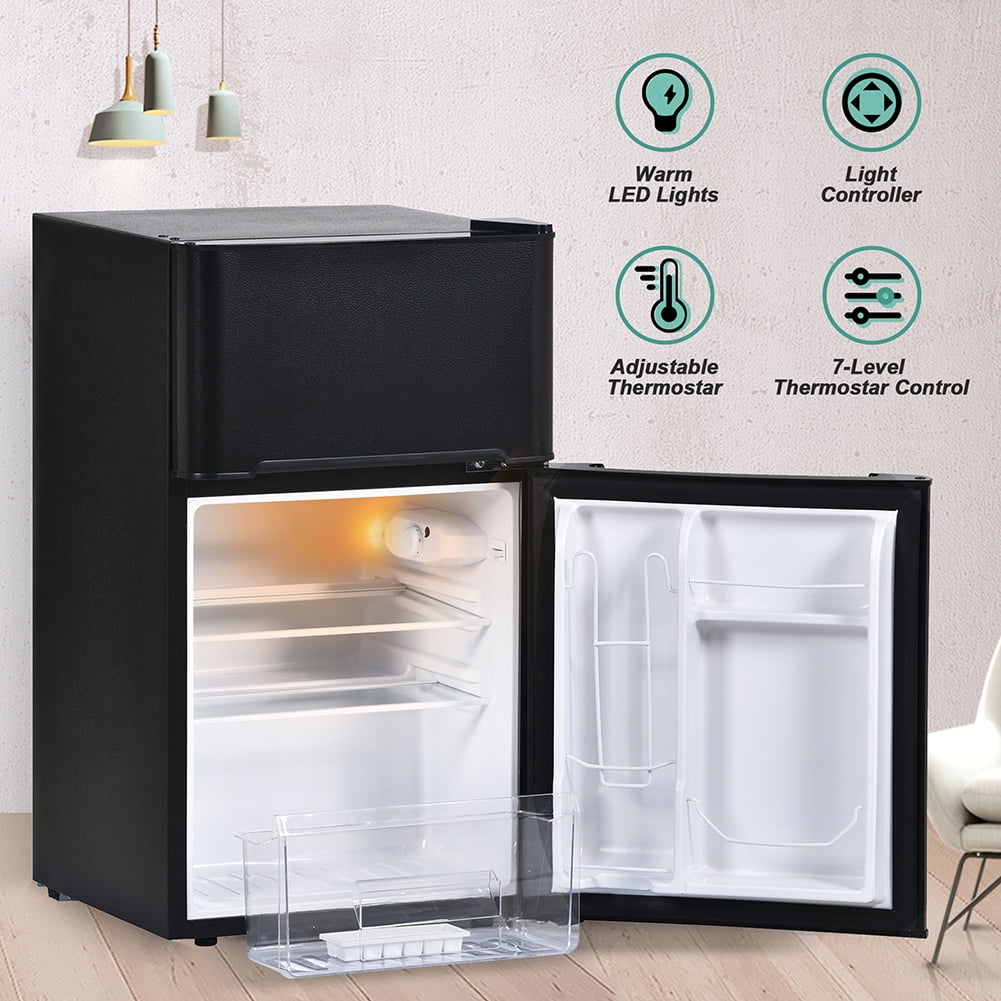 Resenkos Two-Door Mini Refrigerator 3.2Cu.Ft, Freestanding Mini Fridge with Freezer and Reversible Door, 7-Level Thermostat Control, Black