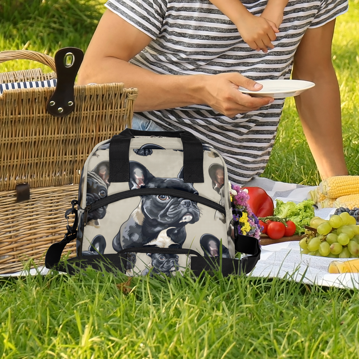 Herdesigns French Bulldog Insulated Lunch Bag for Women Men Adults Large Reusable Lunch Box Leakproof Portable Cooler Tote Bags with Adjustable Shoulder Strap