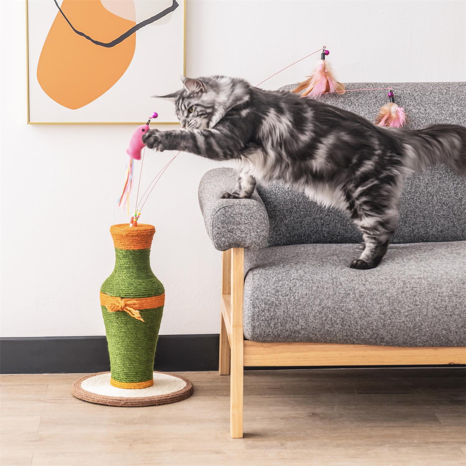 Pefilos 16" Tall Cat Scratching Post for Indoor Cats, Cat Toys Interactive Sisal Scratch Posts, Sisal Cat Teaser Wand Post, Sisal Cat Scratcher for Large Cats and Kittens, Green Pefilos 16" Tall Cat Scratching Post for Indoor Cats, Cat Toys Interactive Sisal Scratch Posts, Sisal Cat Teaser Wand Post, Sisal Cat Scratcher for Large Cats and Kittens, Green