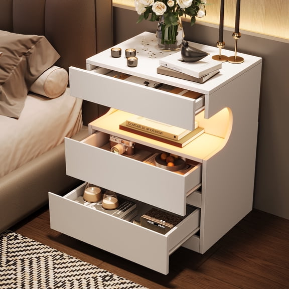 App-Controlled LED Lights – Smart bedside table with 3 Drawers & U-Shape Shelf – USB & AC Charging Station – Modern Bedside Table for Bedroom Furniture – White