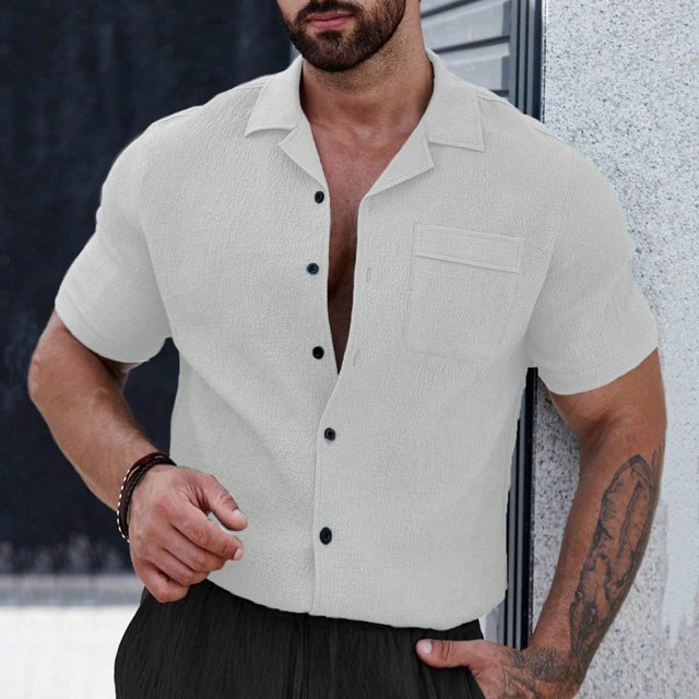 Blusa y camisa de manga corta con cuello vuelto para hombre, color liso, informal, holgada, con botones y bolsillo, blusa de manga corta con cuello vuelto, blusa de poliéster para hombre