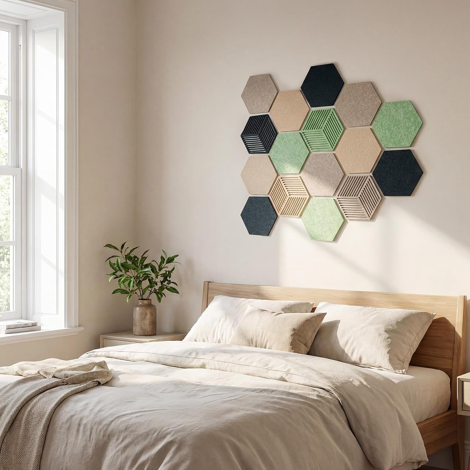 FOCHIER F 16PCS Hexagon Cork Boards for Walls Decor,7X 6 inch Felt Bulletin Board Tiles Sets for Home Office Class Kitchen with 50 Push Pins,Self Adhesive DIY Pin Board for Photos Memos (Green-16PCS)