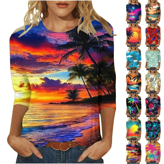 JTZGDY Plus Size Womens 3/4 Tunic Tops for Leggings Loose Fit Casual Tropical Floral Printed Beach Vacation Tees Shirt Trendy Oversize Crewneck Graphic Tshirt Blouse Purple L
