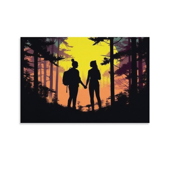 Couple Walks Hand In Hand In Forest At Sunset Poster Decorative Painting Canvas Wall Art Living Room Posters Bedroom Painting,Unframe-style,24x36inch(60x90cm)