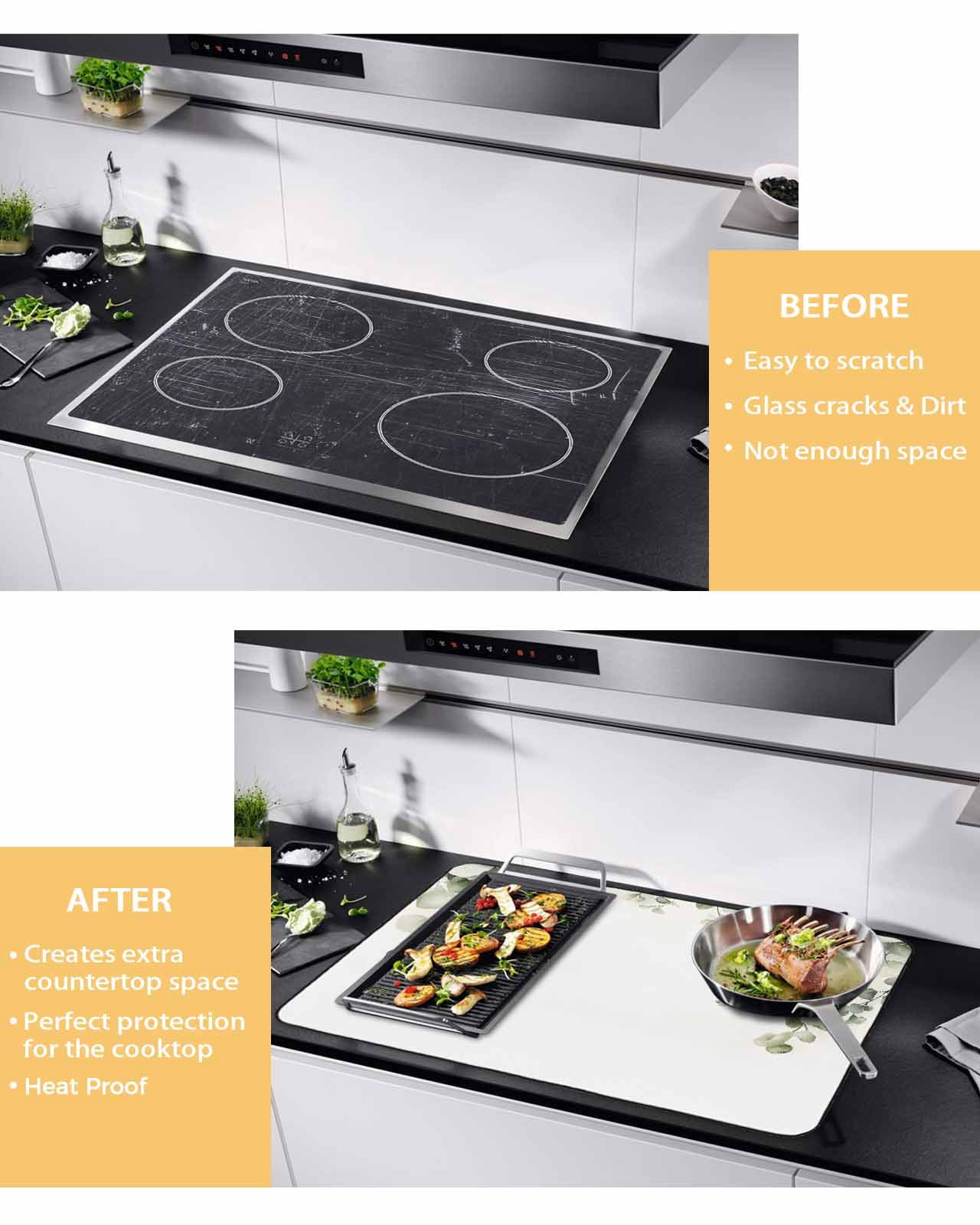 nqOlkjepod Large Induction Cooktop Protector Mat 24"x21", Sage Green Leaves Stove Top Covers for Electric Stove, Watercolor Spring Botanical Eucalyptus Stove Burner Cover Mats, Glass Top Stove Cover