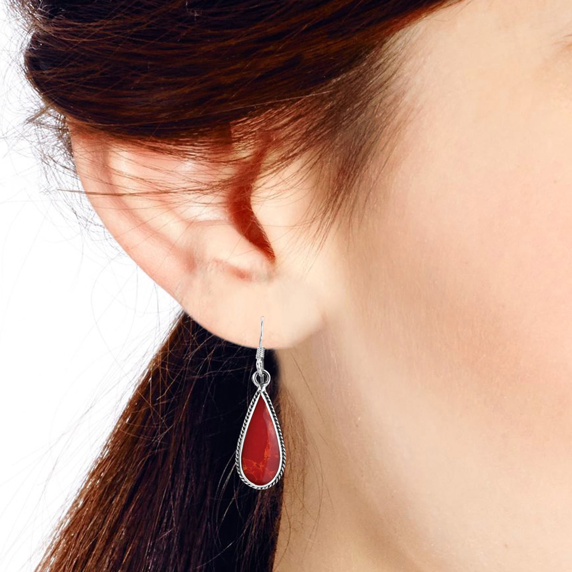 AeraVida Classic Teardrop Shaped Synthetic Red Coral Sterling Silver Fishhook Dangle Earrings
